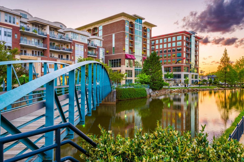 Greenville, South Carolina, USA downtown cityscape on the Reedy River at dusk.
CREDIT: SEAN PAVONE/GETTY IMAGES